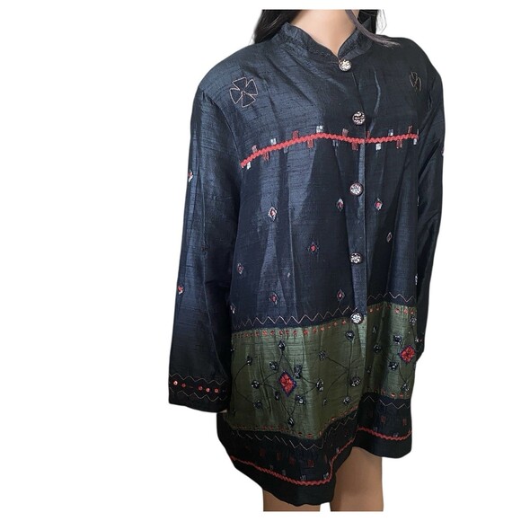 Ulla Popken Vintage Beaded Silk Jacket 24 26 Button Front Art to Wear Boho - Picture 2 of 15